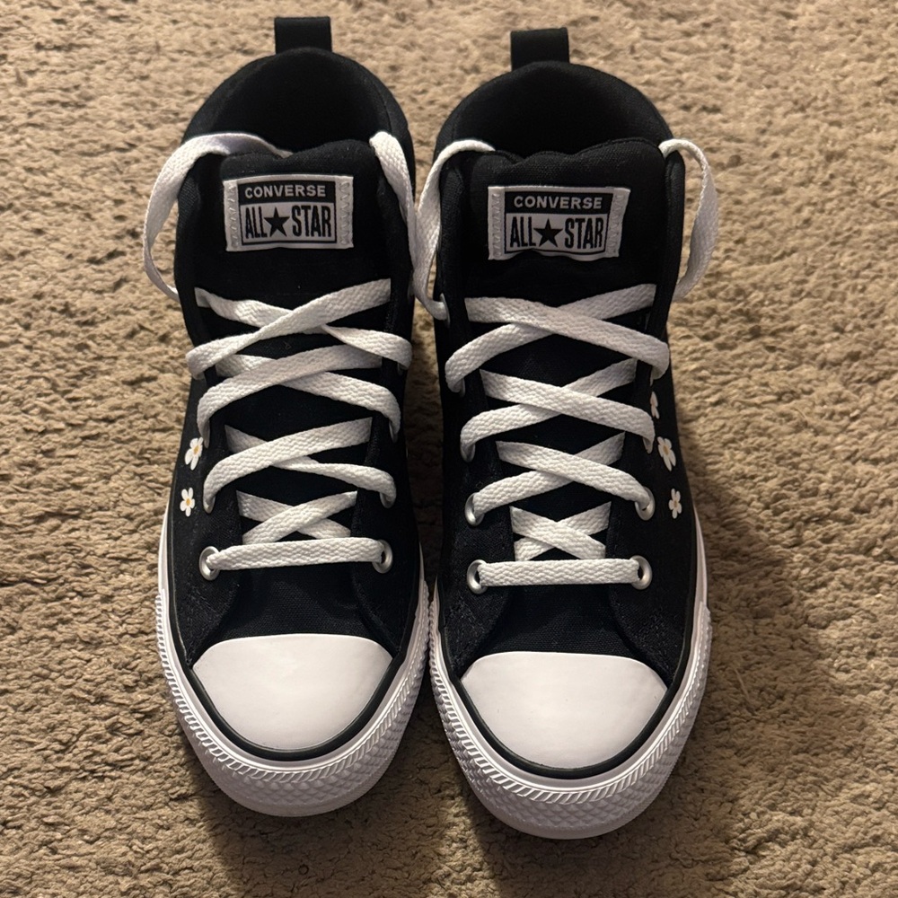 Women’s Converse Black High-Top Sneakers with White Daisy Accents - Picture 2 of 4